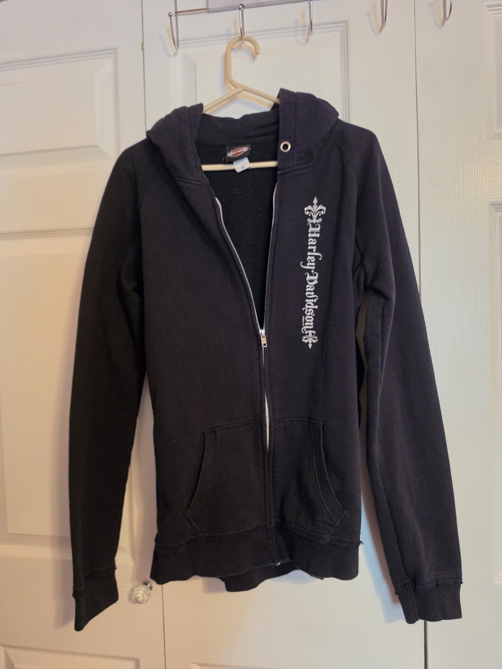 Harley-Davidson Black Zip-Up Hoodie with Vertical White Logo, And Sequined Wings